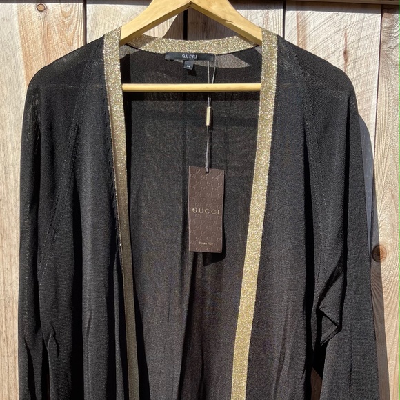 NWT GUCCI Authentic Cardigan - sheer black / metallized gold trim (med) - Picture 1 of 6